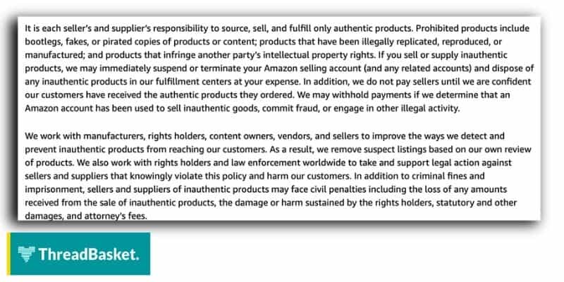 Screenshot of Amazon's Counterfeit Policy for Print ON Demand